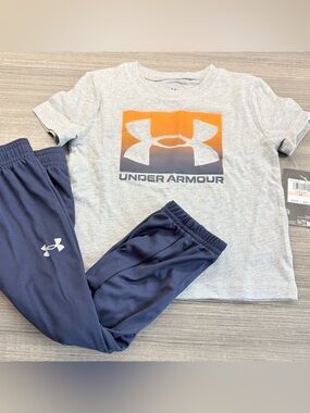 Under Armour 2T Toddler Boy Tech 2 Piece Set Shirt Jogger Pant Blue Grey Orange